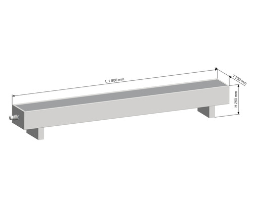 Nákres zinkového žlabu o rozměrech 1800 mm délka, 230 mm hloubka a 250 mm výška
