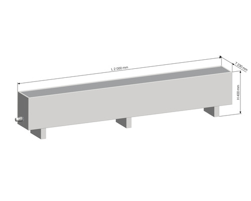 Ilustrace vodního odtokového žlabu o délce 2000 milimetrů, výšce 400 milimetrů a hloubce 230 milimetrů.