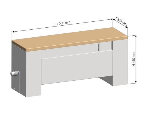 Obrázek krytu radiátoru o rozměrech délka 1000 mm, hloubka 315 mm a výška 450 mm.