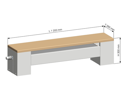 Technický výkres lavice s rozměry 1200 mm délka, 265 mm hloubka a 300 mm výška.