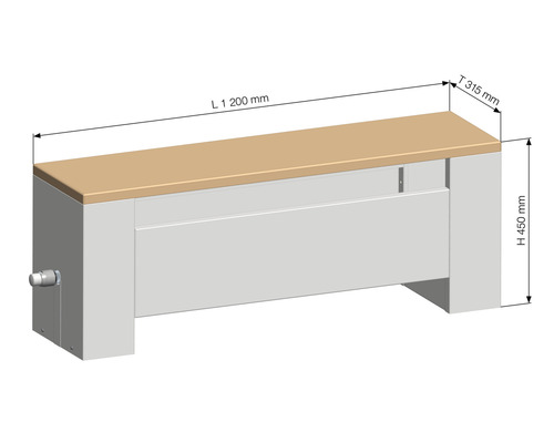 Kryt topení o rozměrech délka 1200 mm, hloubka 315 mm a výška 450 mm