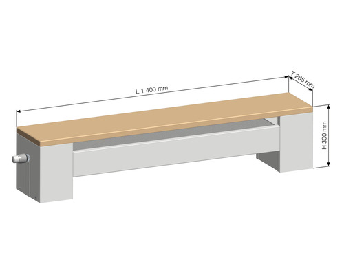 Technický výkres ponku o rozměrech délka 1400 mm, hloubka 265 mm a výška 300 mm.