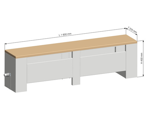 Technický nákres krytu radiátoru o rozměrech délka 1600 mm, hloubka 315 mm a výška 450 mm.