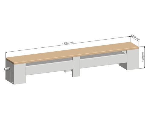Zobrazení pracovního stolu s rozměry 1800 mm délka, 265 mm hloubka a 300 mm výška.