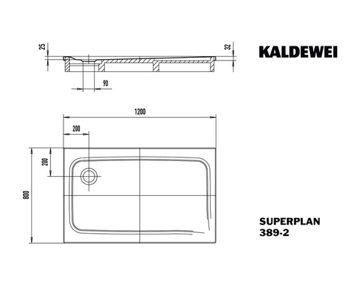 Technický nákres sprchové vaničky Kaldewei Superplan s rozměry.