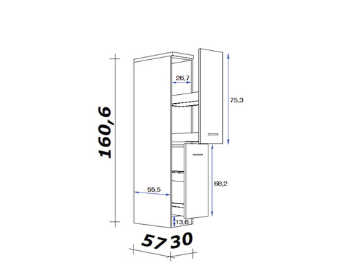 Technický nákres vysoké skříně s rozměry