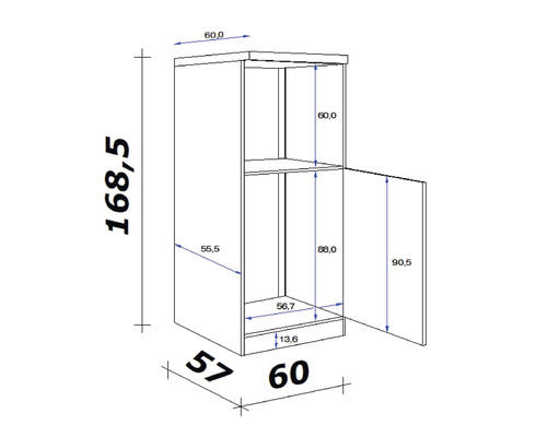 Výkres skříně s rozměry s údaji o výšce, šířce a hloubce