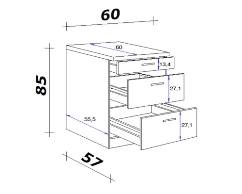 Technický nákres komody se zásuvkami a rozměry