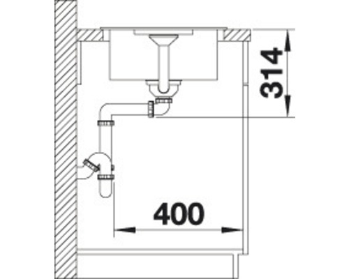 Technický nákres dřezu o rozměrech 314 a 400 milimetrů.