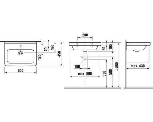 Technický výkres umyvadla s rozměry