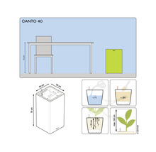 Diagram květináče Canto 40 s rozměry a ilustracemi zavlažovacího systému