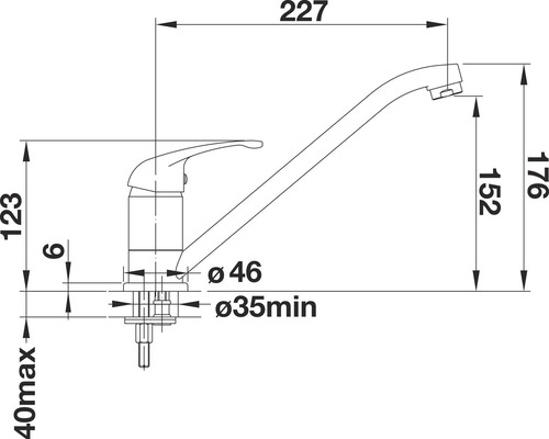 Technický nákres kuchyňské baterie s rozměry