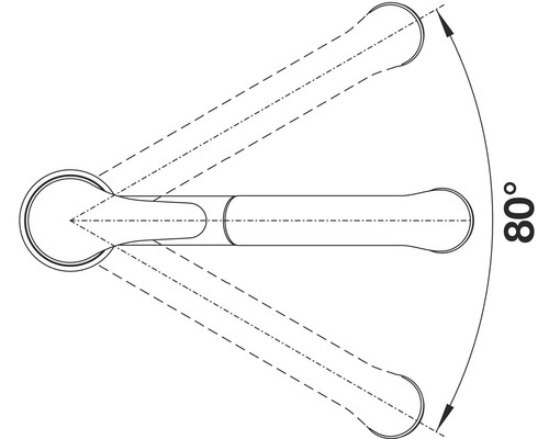 Ilustrace klíče na nářadí s rozsahem otáčení 80 stupňů.