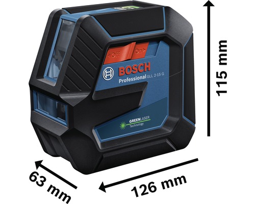 Čárový laser Bosch GLL 2-15 G Professional s rozměry