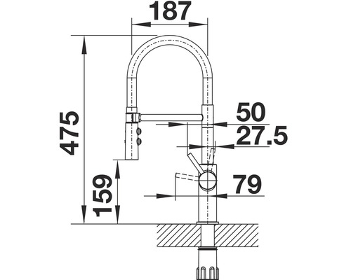 Rozměrový nákres kuchyňské baterie s rozměry 475, 187, 159, 79, 50 a 27,5 milimetrů