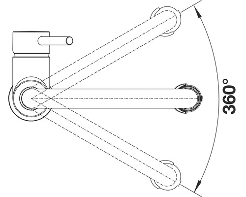 Nákres vodovodní baterie s rozsahem otáčení 360 stupňů