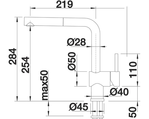 Technický výkres kuchyňské baterie s rozměry