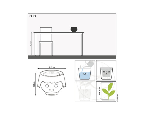 Diagram rozměrů květináče Ojo a pokynů k zavlažování.
