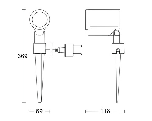 Technický výkres zahradního svítidla se zemním hrotem a rozměry