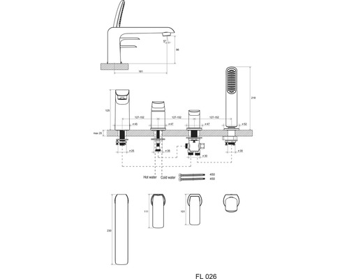 Technický nákres čtyřotvorové okrajové baterie s ruční sprchou a rozměry