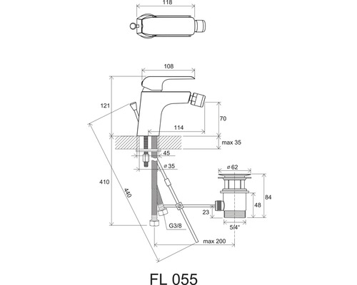 Technický výkres bidetové baterie s rozměry