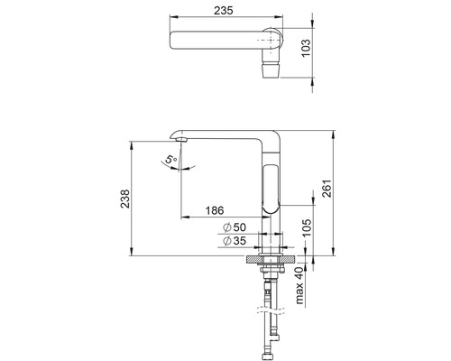 Kreslený rozměr kuchyňské baterie s odpovídajícími rozměry.