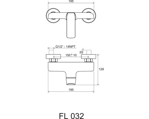 Technický nákres vodovodní baterie s rozměry