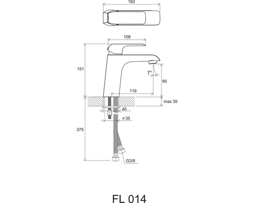 Technický výkres vodovodní baterie s rozměry