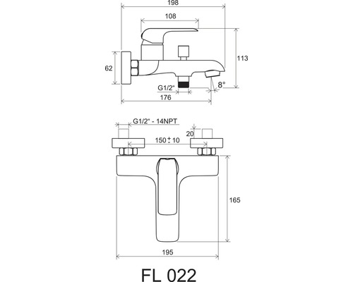 Technický nákres armatury s rozměry