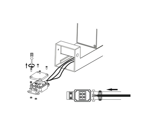 Ilustrace elektroinstalační krabice se šrouby a nástrojem pro montáž