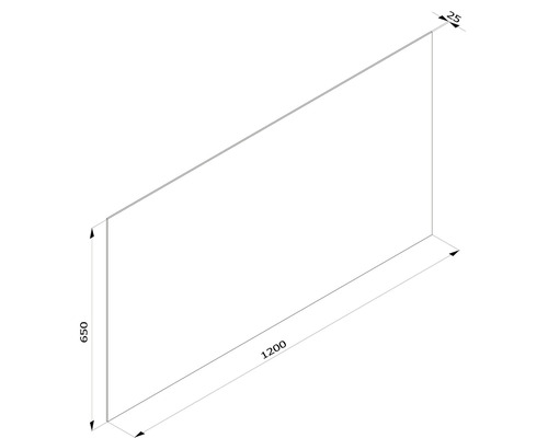 Technický nákres desky o rozměrech 1200 x 650 x 25 mm