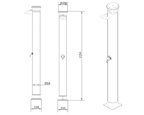 Technický nákres zahradní sprchy s rozměry.