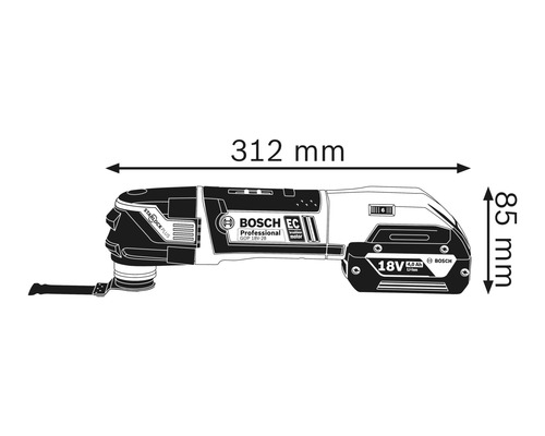 Obrázek rozměrů multifunkčního nástroje Bosch, délka 312 mm, výška 85 mm