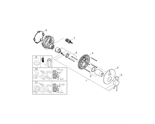 Rozkreslený nákres sprchové armatury s jednotlivými díly