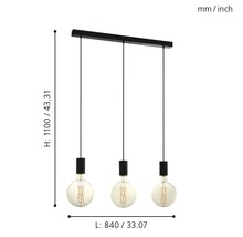 Ilustrace závěsné lampy se třemi světly a rozměry