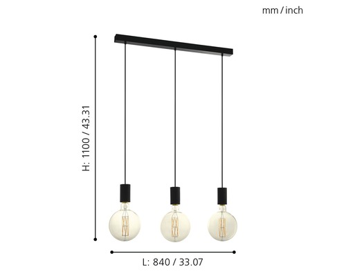 Ilustrace závěsné lampy se třemi světly a rozměry