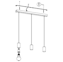 Nákres závěsné lampy se třemi žárovkami a instalačními detaily.
