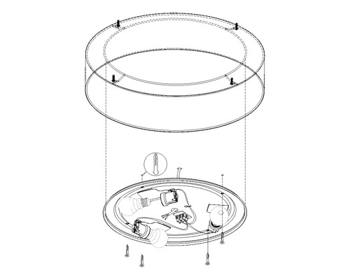 Rozkreslený nákres stropního svítidla s montážním návodem a upevňovacím materiálem