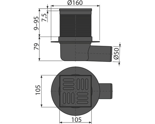 Technický nákres podlahové vpusti s rozměry