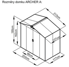 Technický nákres zahradního domku Archer A s rozměry