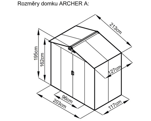 Technický nákres zahradního domku Archer A s rozměry