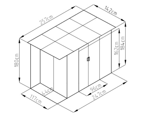 Technický nákres zahradního domku s rozměry.