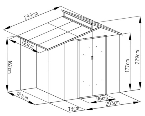 Technický nákres zahradního domku s rozměry