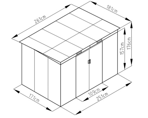 Technický nákres zahradního domku s rozměry