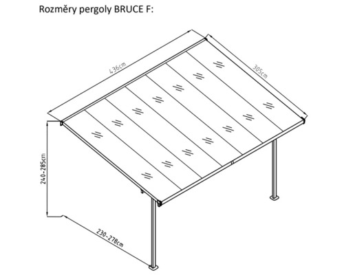 Rozměry pergoly BRUCE F: 436 cm x 305 cm, výška 240 až 285 cm, hloubka 230 až 278 cm.