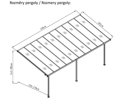 Rozměry pergoly: délka 618 cm, šířka 305 cm, výška 240 až 285 cm a hloubka 230 až 278 cm.
