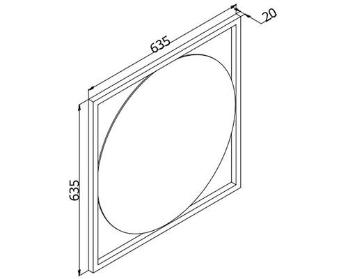Technický nákres čtvercového zrcadla o rozměrech 635 x 635 mm a rámu o tloušťce 20 mm.