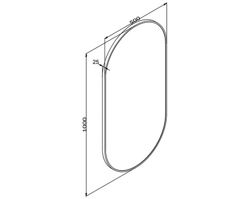Technický výkres oválného zrcadla o rozměrech 1000 x 500 milimetrů