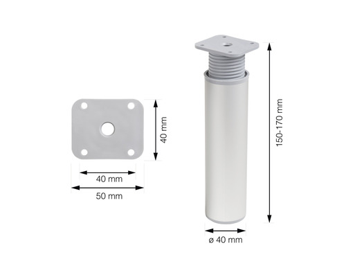 Nastavitelná noha nábytku o rozměrech 150 až 170 mm na výšku a 40 mm v průměru