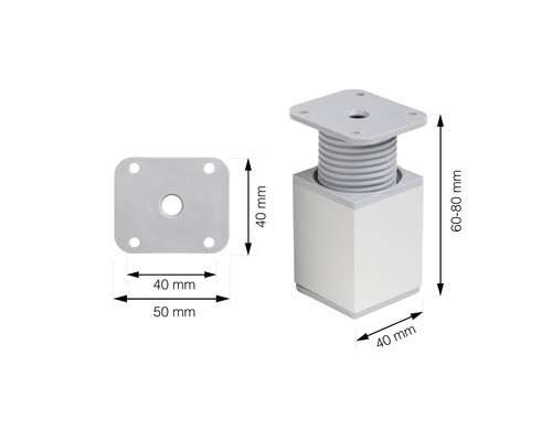 Nastavitelná noha nábytku o rozměrech 40 až 80 milimetrů.
